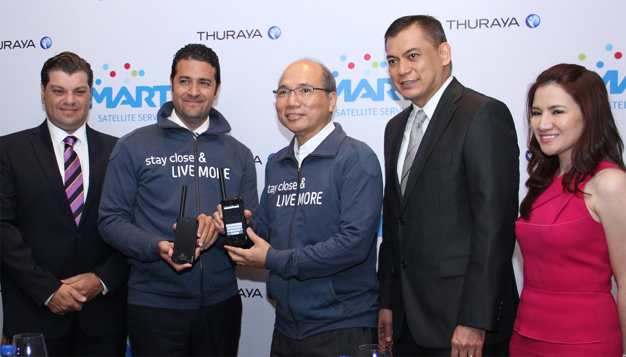 Smart and Thuraya officials show the SatSleeve that can instantly transform smartphones into a satellite phone. The SatSleeve is one of the products launched under Smart Satellite Services. Photo shows (L-R): Ahab Shamaa, Thuraya's Senior Manager for Product Distribution; Bilal El Hammoui, Thuraya's VP for Distribution; Orlando Vea, Smart's Chief Wireless Advisor; Charles Lim, Smart EVP and Head of Wireless Consumer Business; and Tina Mariano, Head of Smart's Global Access Group.